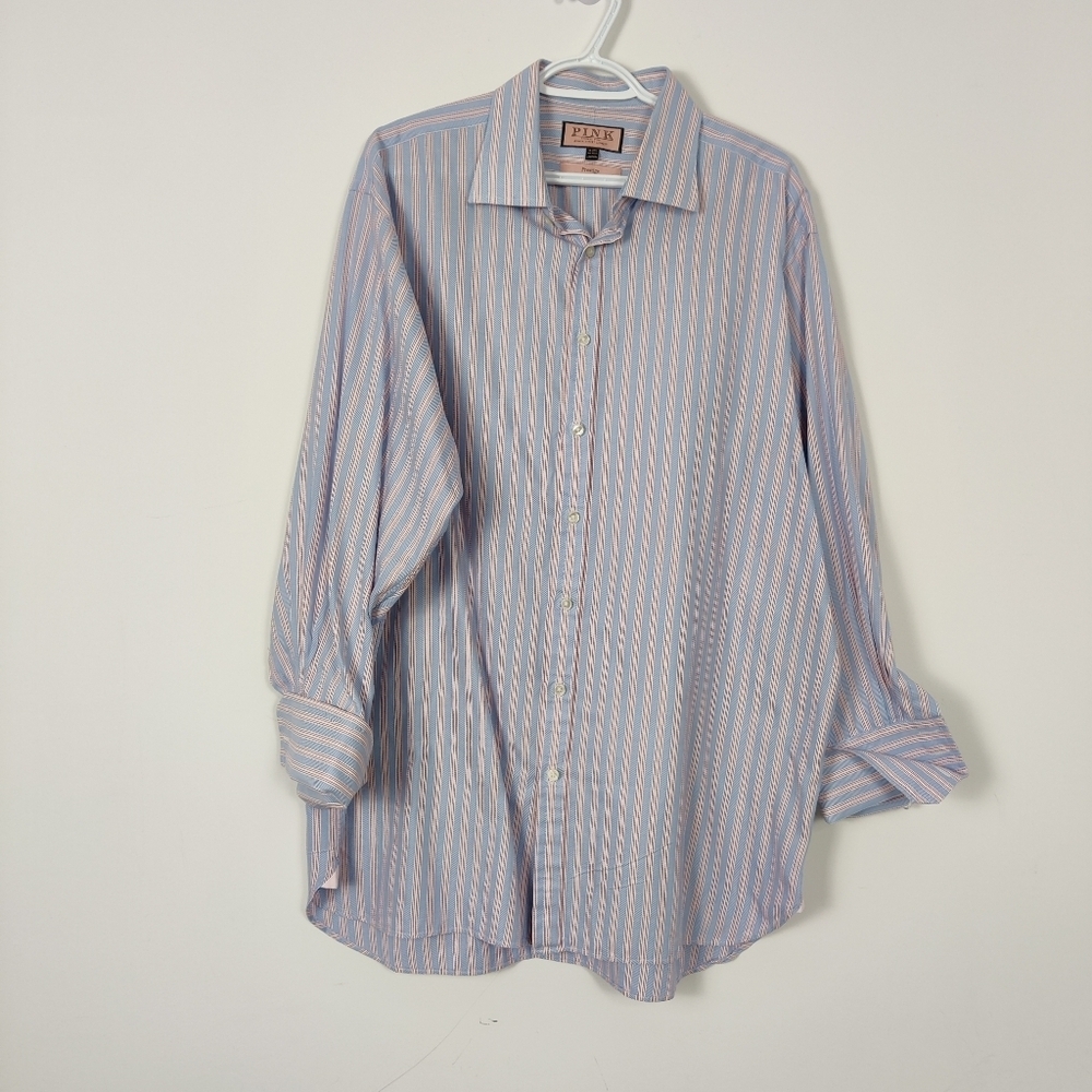Thomas Pink Men's Button Down Striped Dress Shirt in Blue Pink Size 18 Business